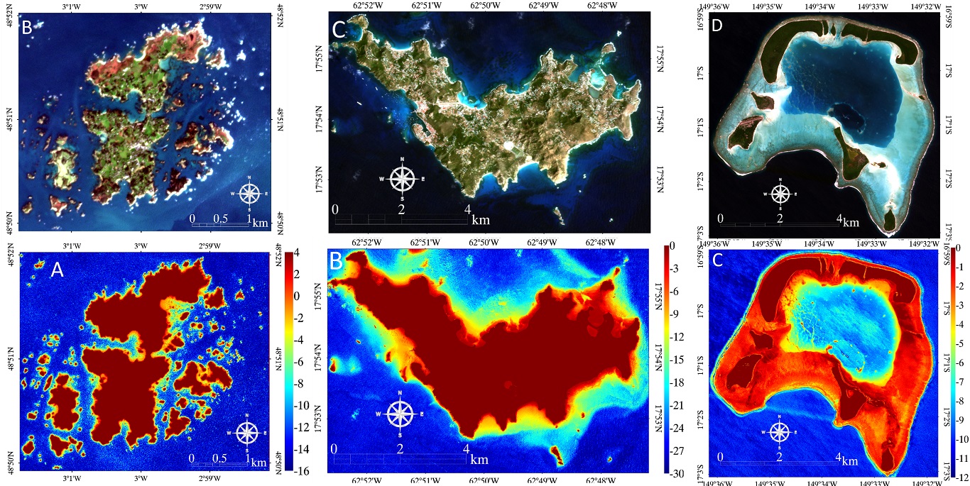 bathymétries prédites par la combinaison de l'imagerie satellitaire à très haute résolution et de l'intelligence artificielle. Crédits: CGEL, EPHE-PSL.