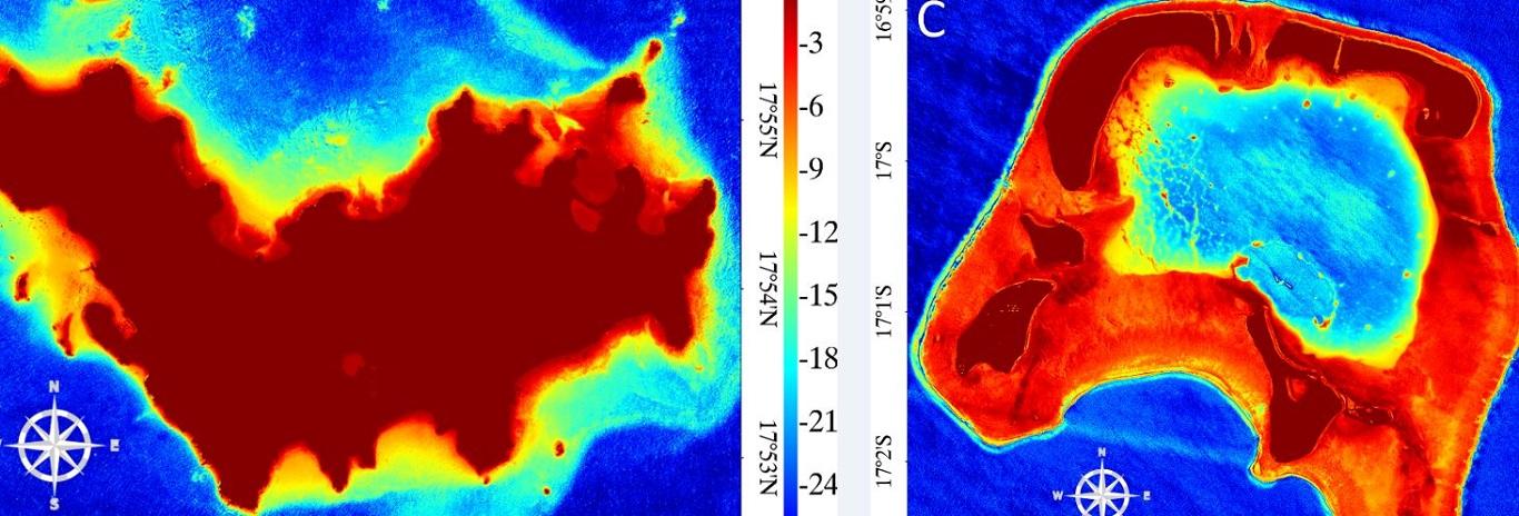 Imagerie d'îles avec leurs bathymétries respectives, prédites par la combinaison de l'imagerie satellitaire à très haute résolution et de l'intelligence artificielle. Crédits : CGEL, EPHE-PSL.